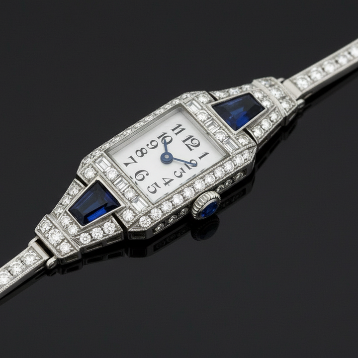 Art Deco Diamond and Burma Sapphire Platinum Watch