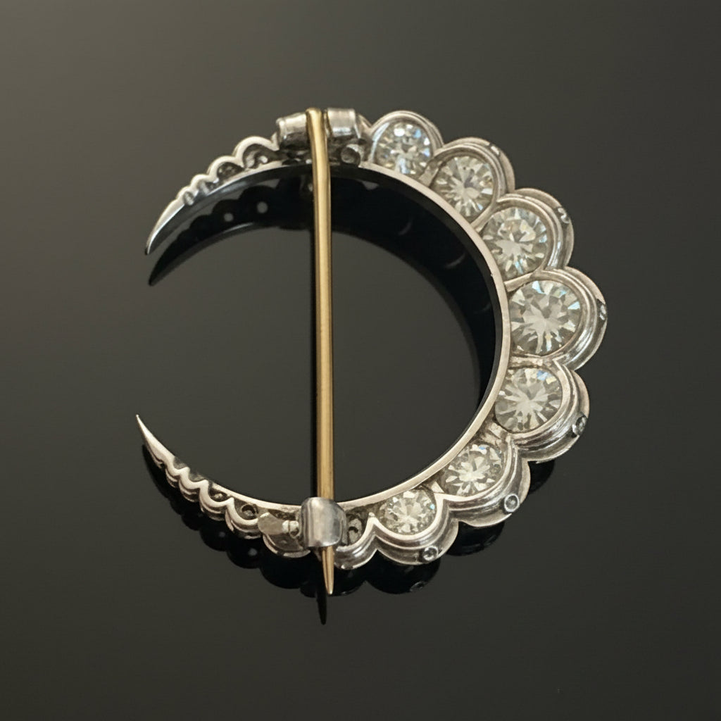 Victorian Crescent Moon Diamond Platinum/18K Yellow Gold Brooch