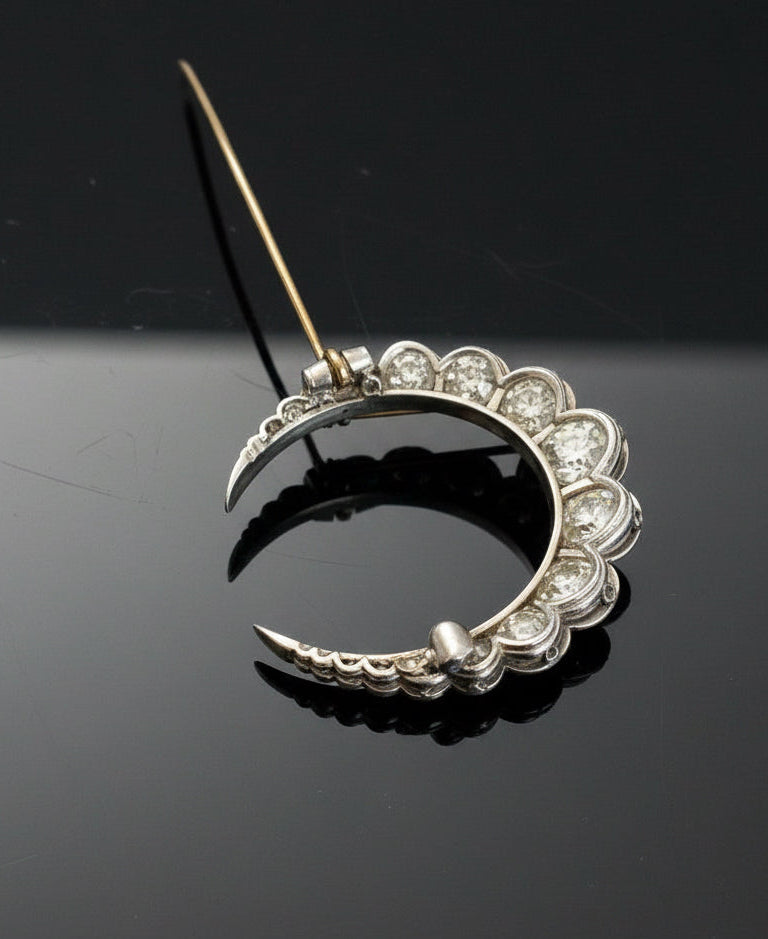 Victorian Crescent Moon Diamond Platinum/18K Yellow Gold Brooch