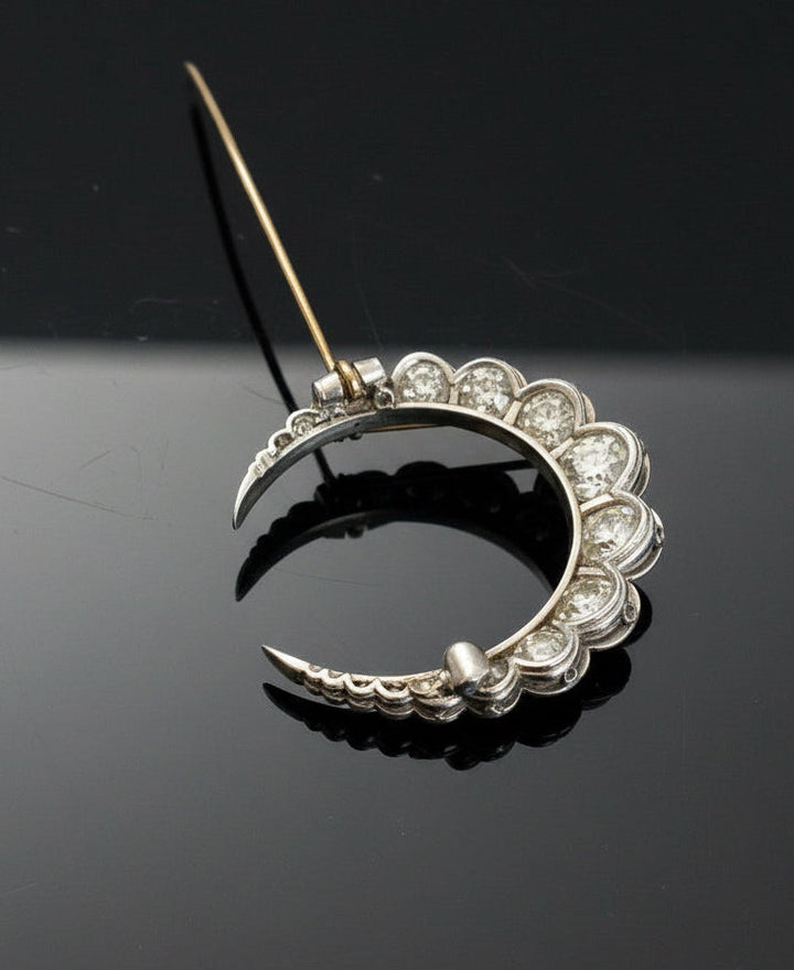 Victorian Crescent Moon Diamond Platinum/18K Yellow Gold Brooch
