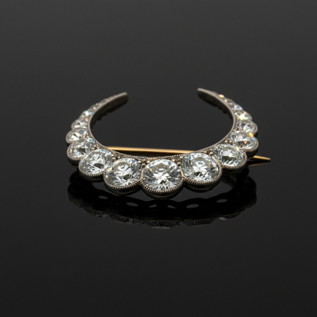 Victorian Crescent Moon Diamond Platinum/18K Yellow Gold Brooch