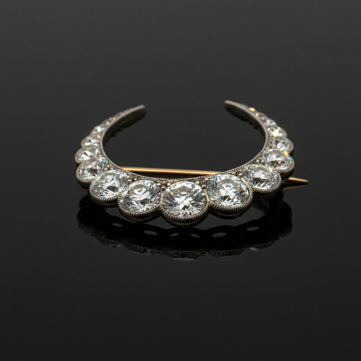 Victorian Crescent Moon Diamond Platinum/18K Yellow Gold Brooch