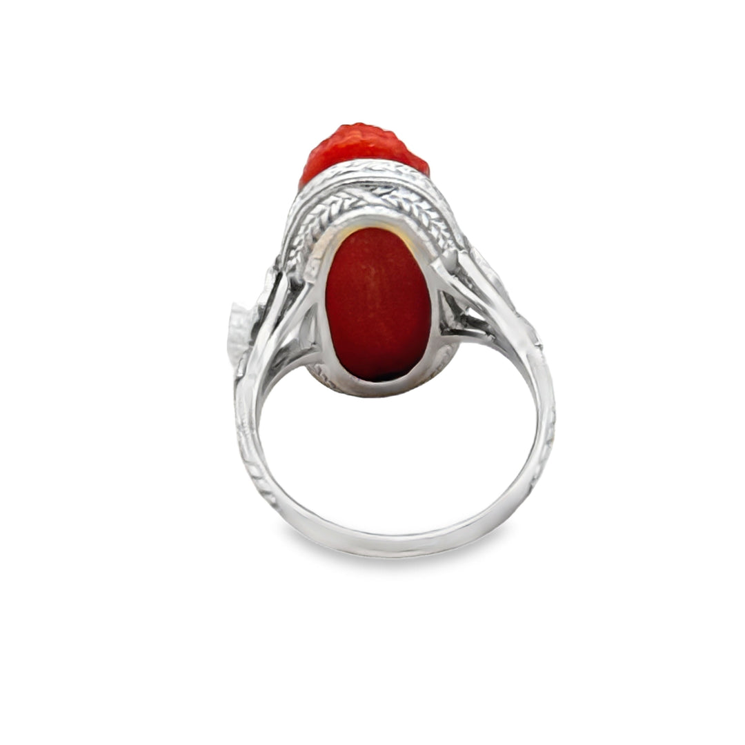 Art Deco Hand Carved Coral and Diamond Platinum Ring