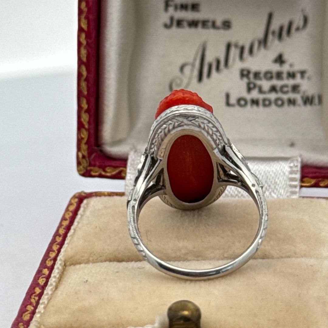 Art Deco Hand Carved Coral and Diamond Platinum Ring