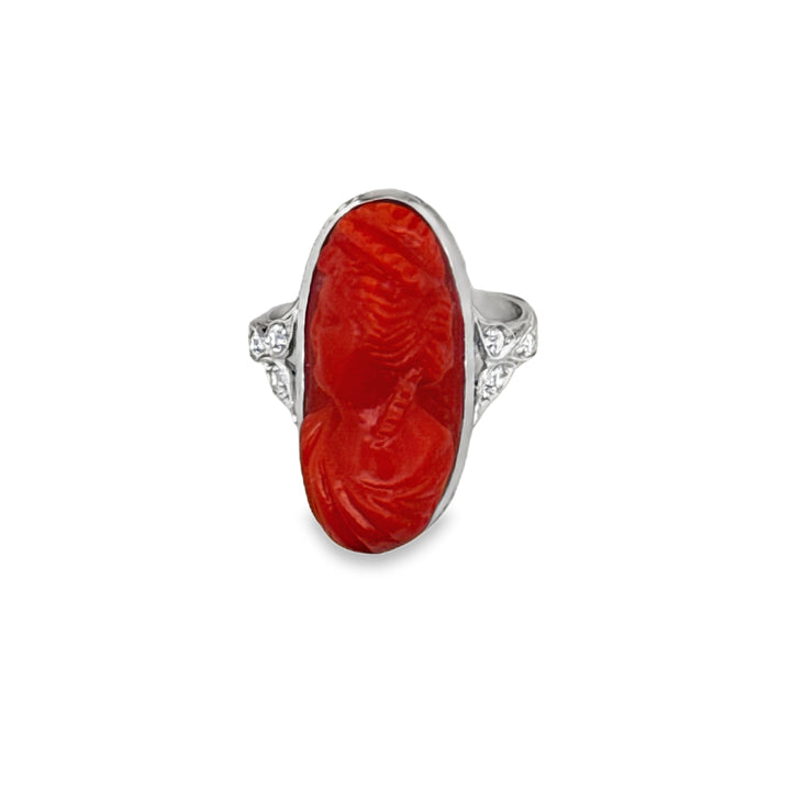 Art Deco Hand Carved Coral and Diamond Platinum Ring