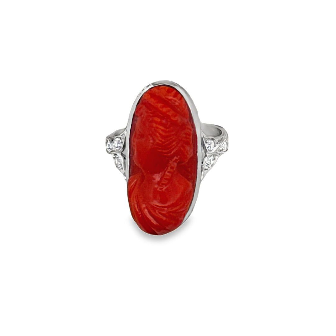 Art Deco Hand Carved Coral and Diamond Platinum Ring