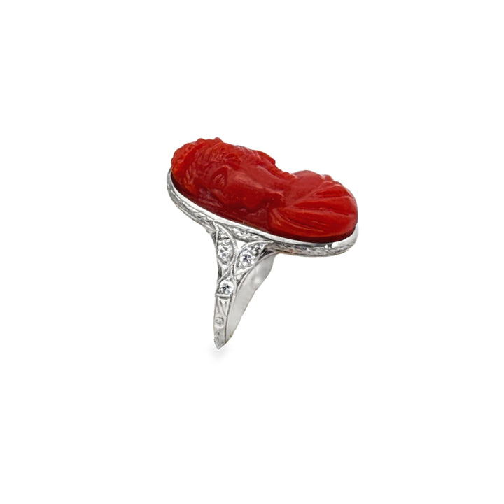 Art Deco Hand Carved Coral and Diamond Platinum Ring