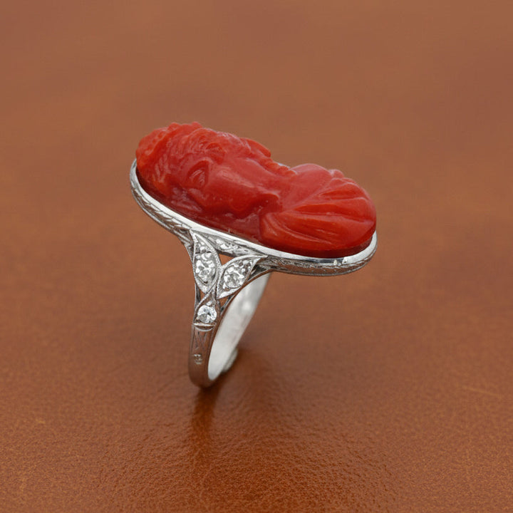 Art Deco Hand Carved Coral and Diamond Platinum Ring
