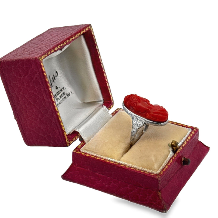 Art Deco Hand Carved Coral and Diamond Platinum Ring