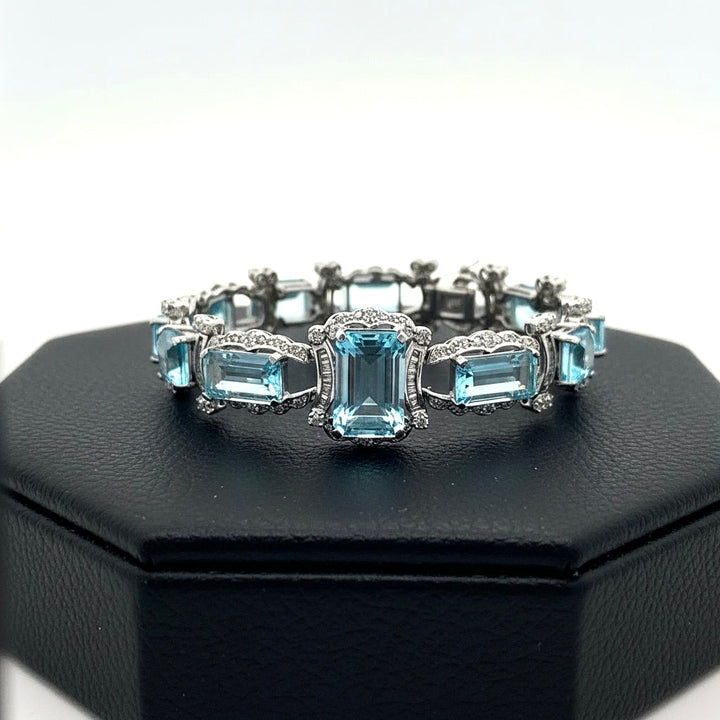 Modern Diamond and Blue Topaz 18K White Gold Bracelet