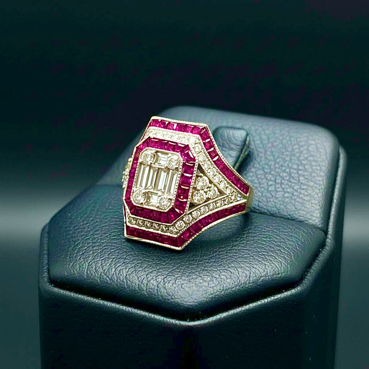 Modern French Cut Ruby and Diamond 18K White Gold Ring