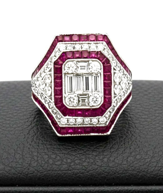 Modern French Cut Ruby and Diamond 18K White Gold Ring