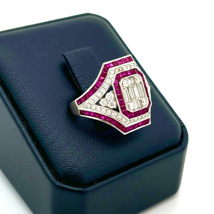 Modern French Cut Ruby and Diamond 18K White Gold Ring