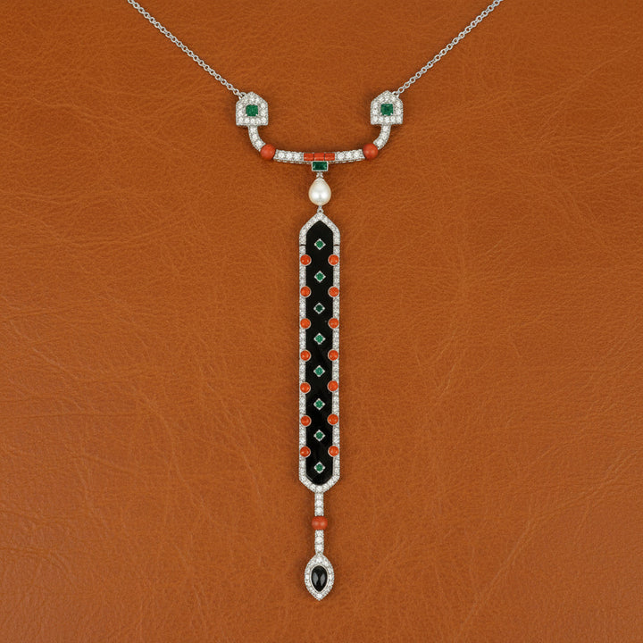 Diamond, Coral, Emerald, Pearl and Onyx 18K White Gold Necklace