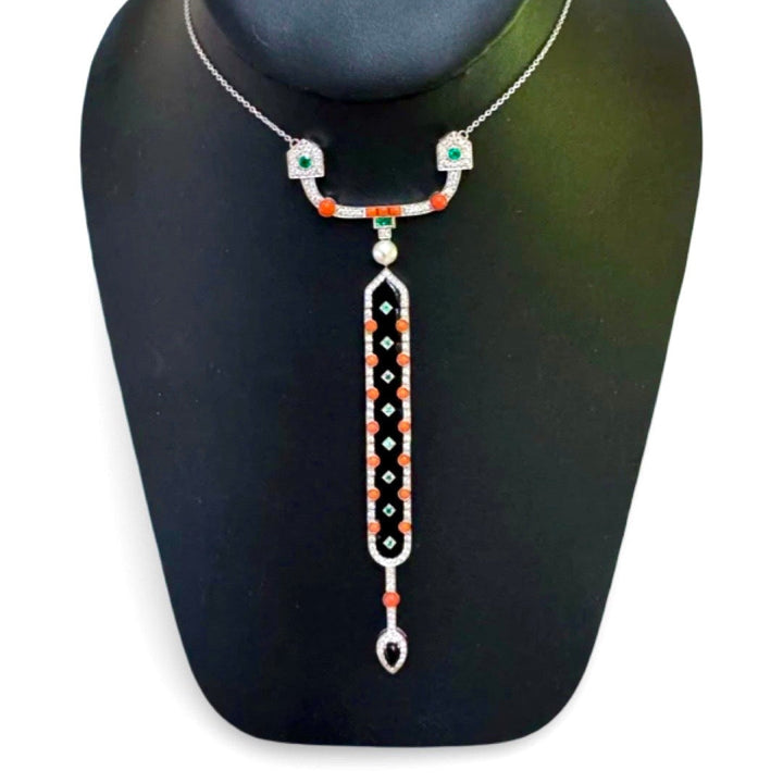 Diamond, Coral, Emerald, Pearl and Onyx 18K White Gold Necklace