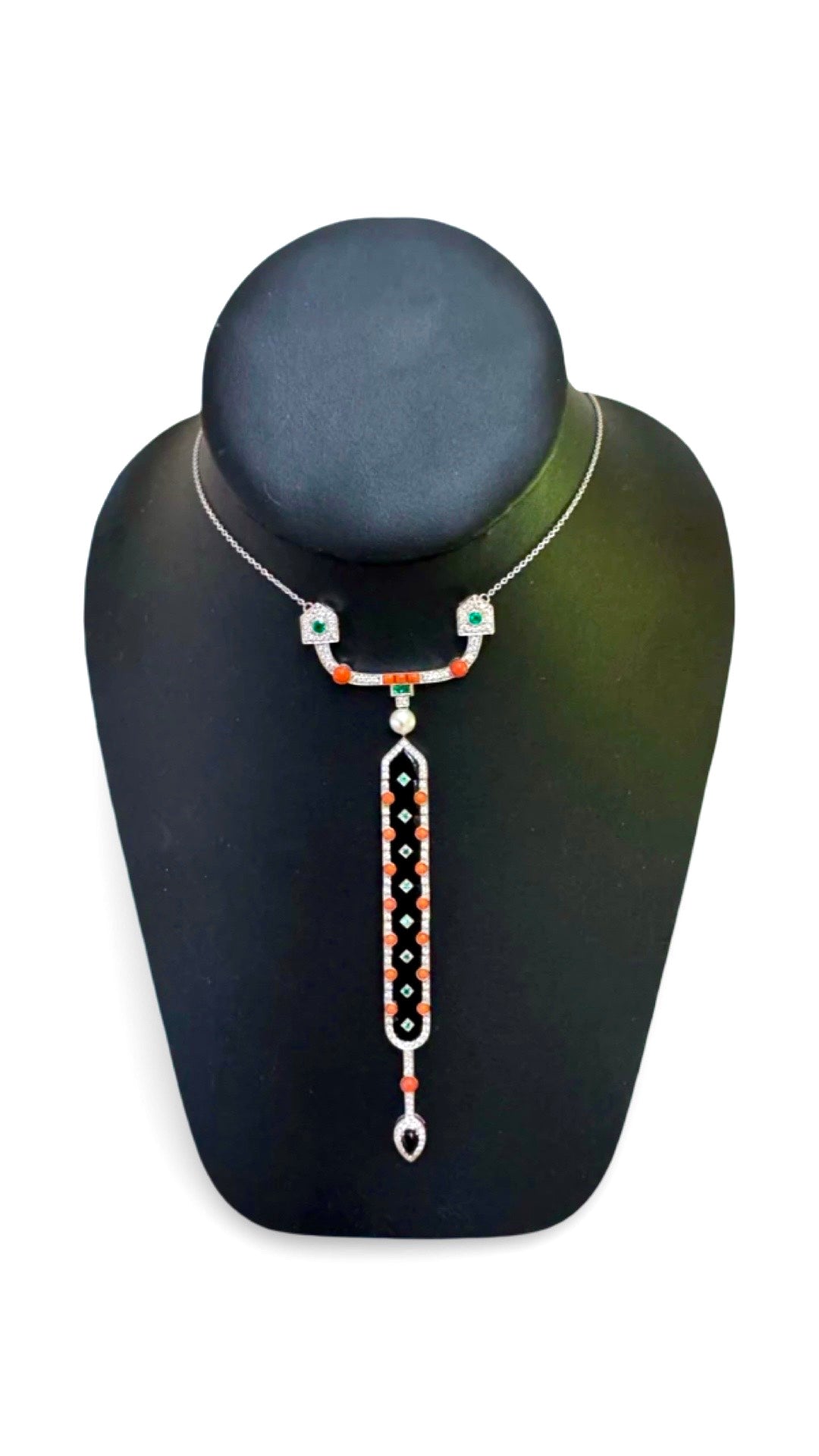 Diamond, Coral, Emerald, Pearl and Onyx 18K White Gold Necklace