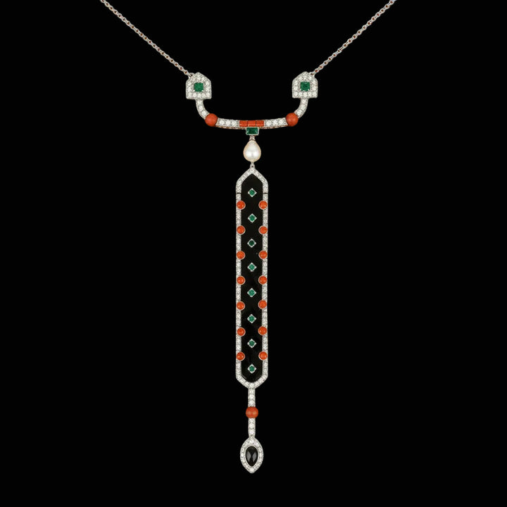 Diamond, Coral, Emerald, Pearl and Onyx 18K White Gold Necklace