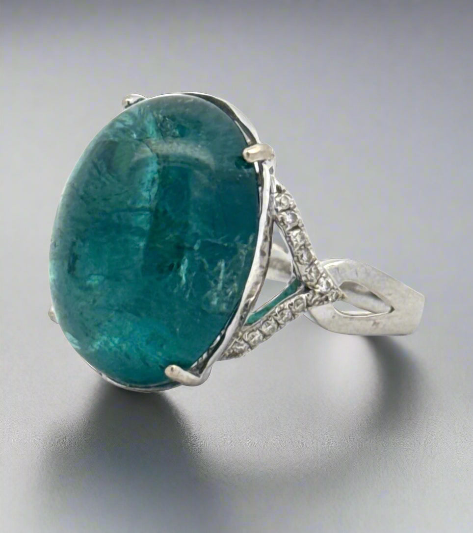 Large Oval Cabochon Tourmaline Diamond 18kt White Gold Statement Ring