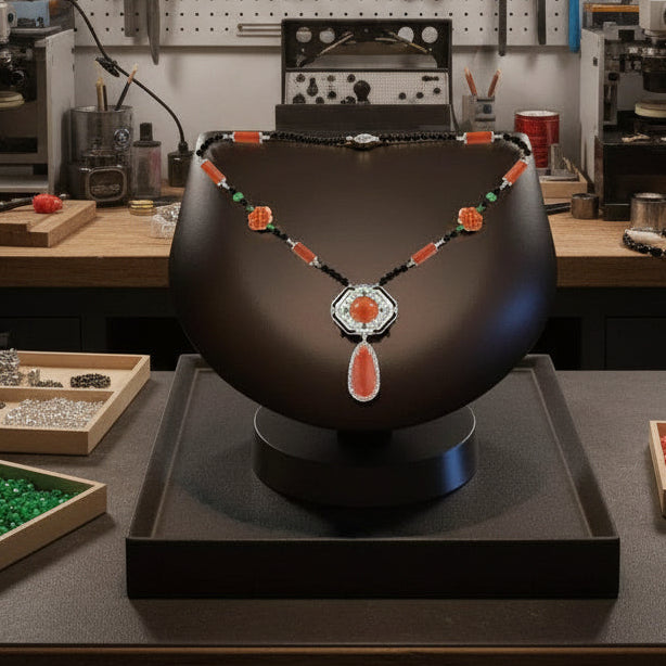 Coral Diamond Onyx Emerald 18k White Gold Necklace