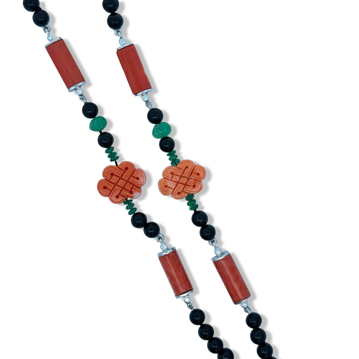Art Deco Style Coral Diamond Onyx Emerald 18k White Gold Necklace