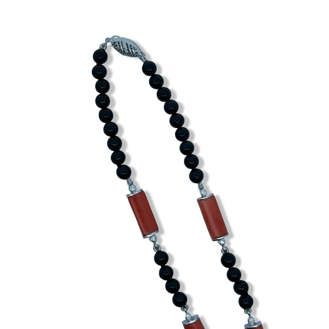 Coral Diamond Onyx Emerald 18k White Gold Necklace
