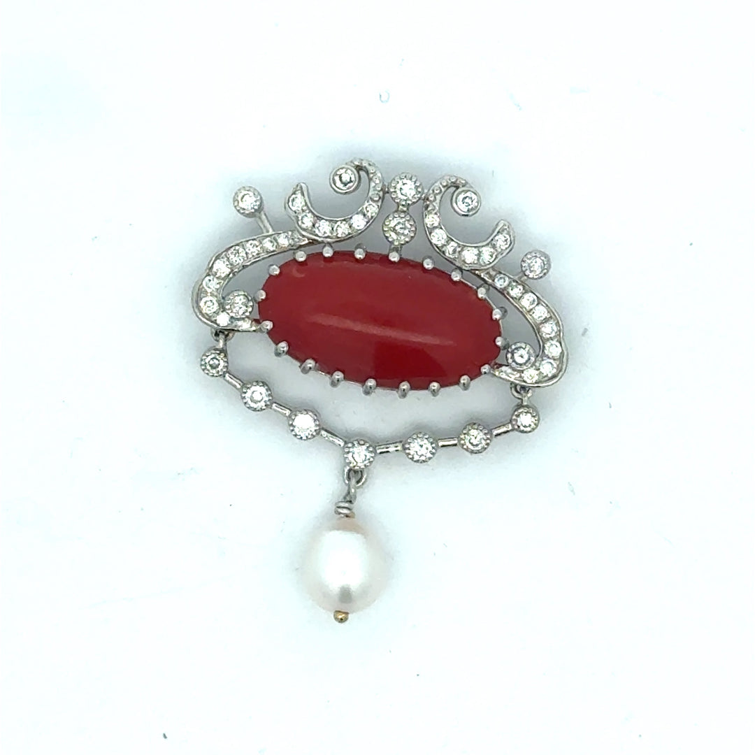 Coral and Diamond Platinum Pendant