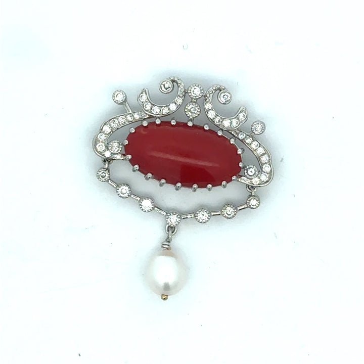 Coral and Diamond Platinum Pendant