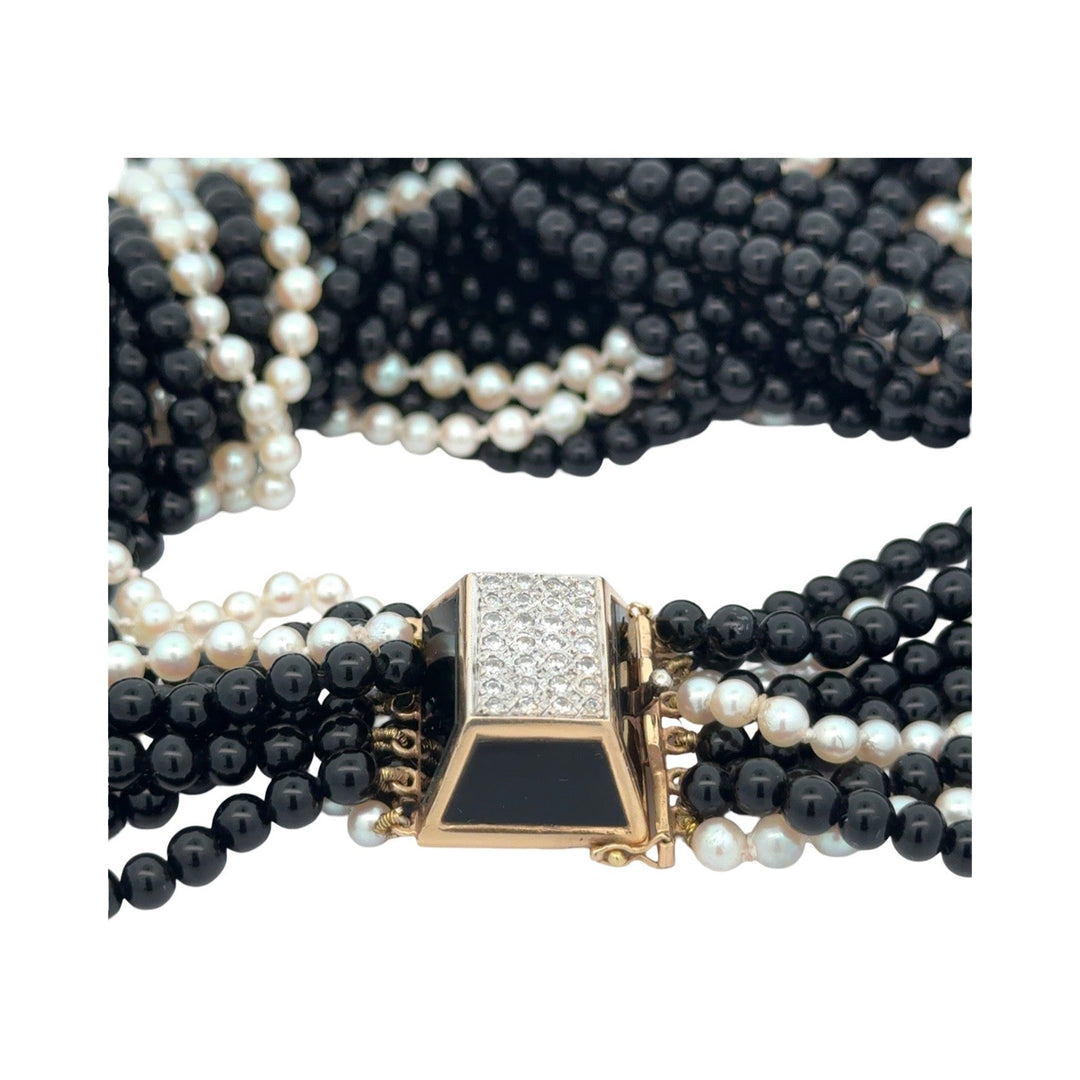 Diamond, Cultured Pearl and Onyx 9 Strand Yellow Gold Necklace