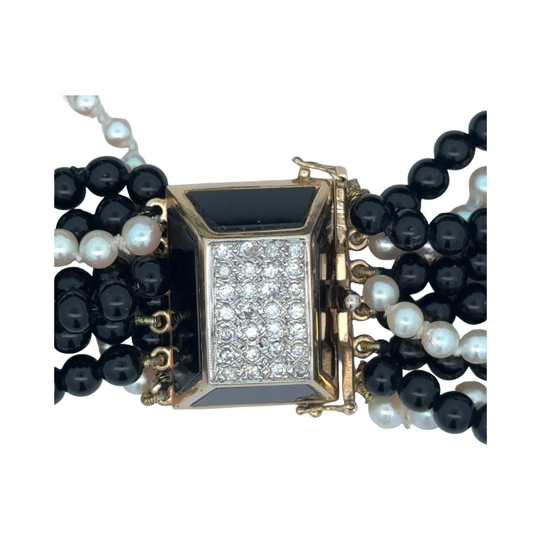 Diamond, Cultured Pearl and Onyx 9 Strand Yellow Gold Necklace