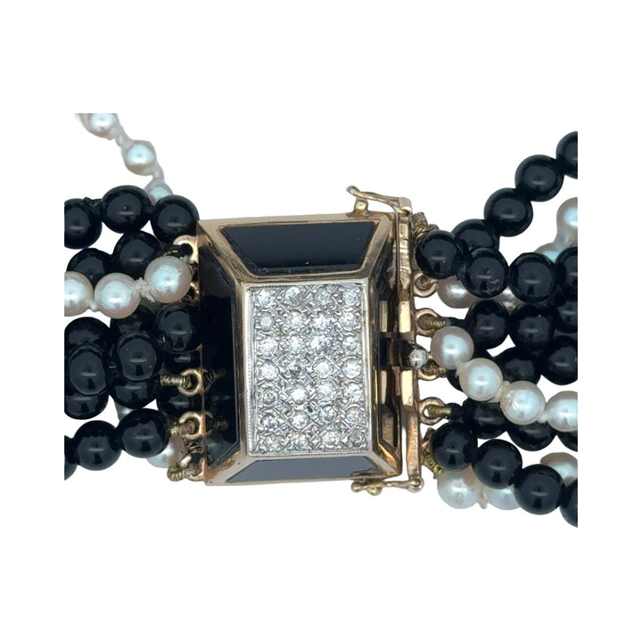 Diamond, Cultured Pearl and Onyx 9 Strand Yellow Gold Necklace