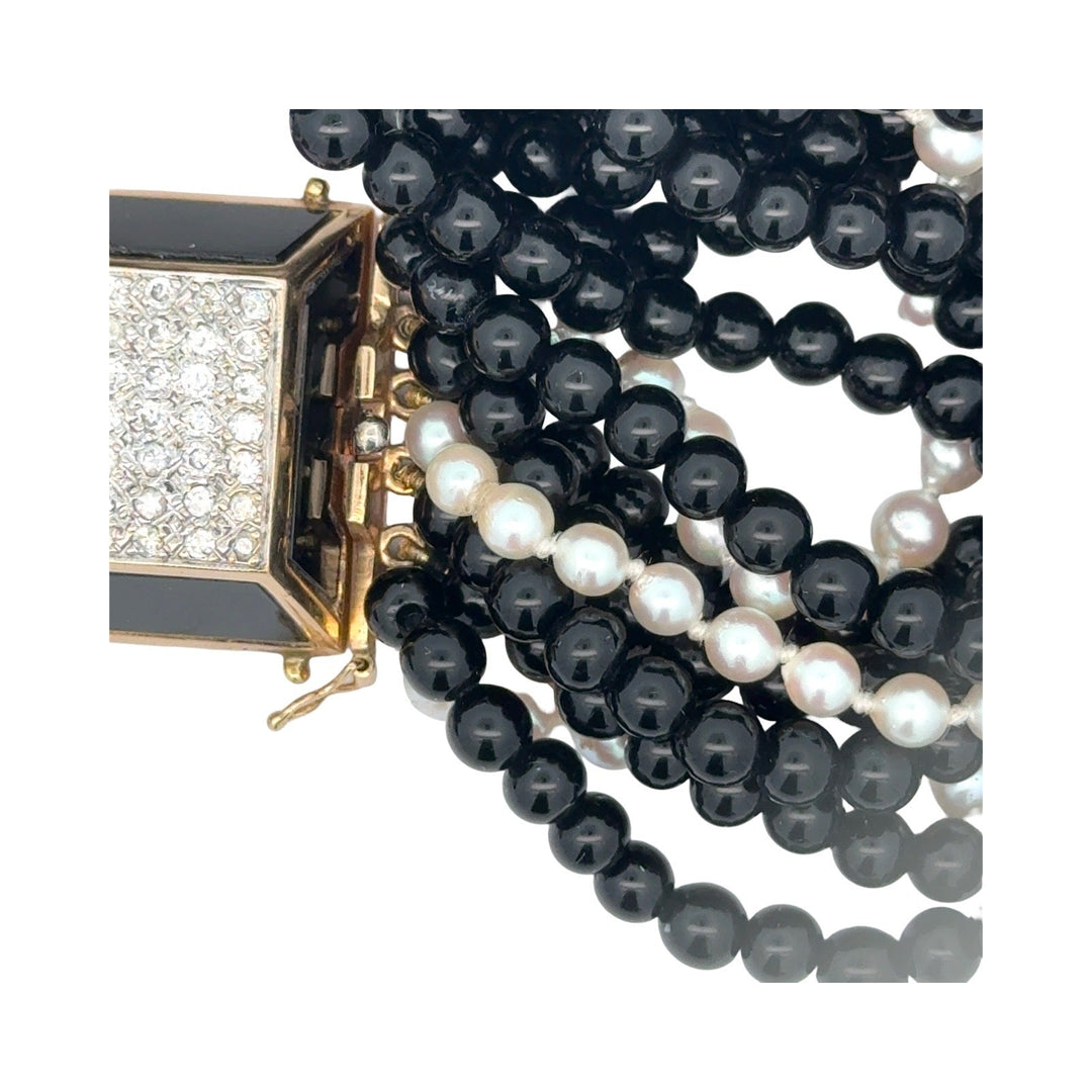 Diamond, Cultured Pearl and Onyx 9 Strand Yellow Gold Necklace