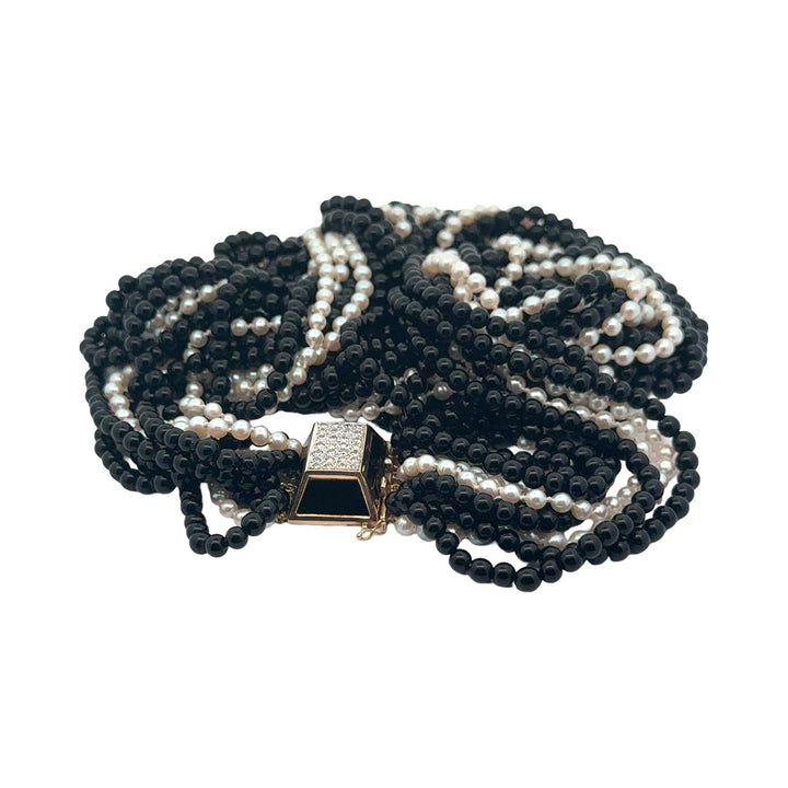 Diamond, Cultured Pearl and Onyx 9 Strand Yellow Gold Necklace