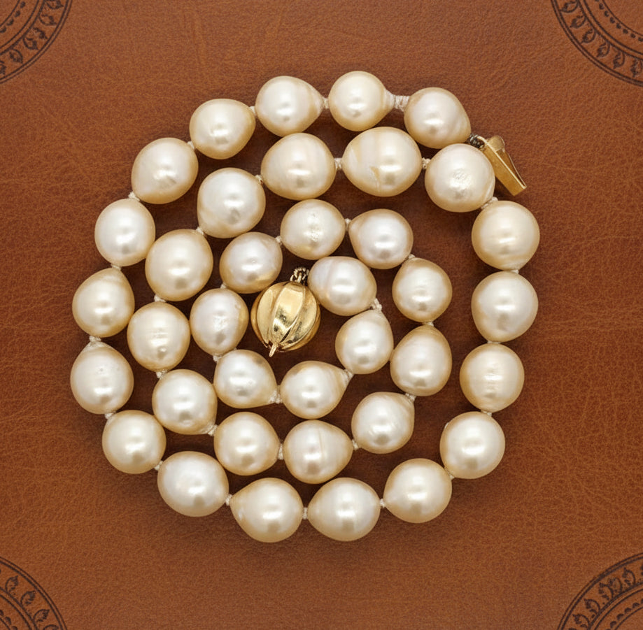 Light Golden South Sea Pearls 9x11mm 18K Yellow Gold Necklace