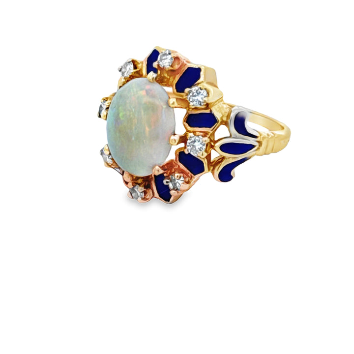 Estate Opal, Diamond and Blue Enamel 14K Yellow Gold Ring