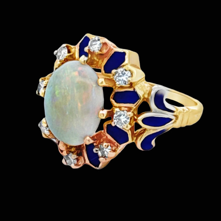 Estate Opal, Diamond and Blue Enamel 14K Yellow Gold Ring