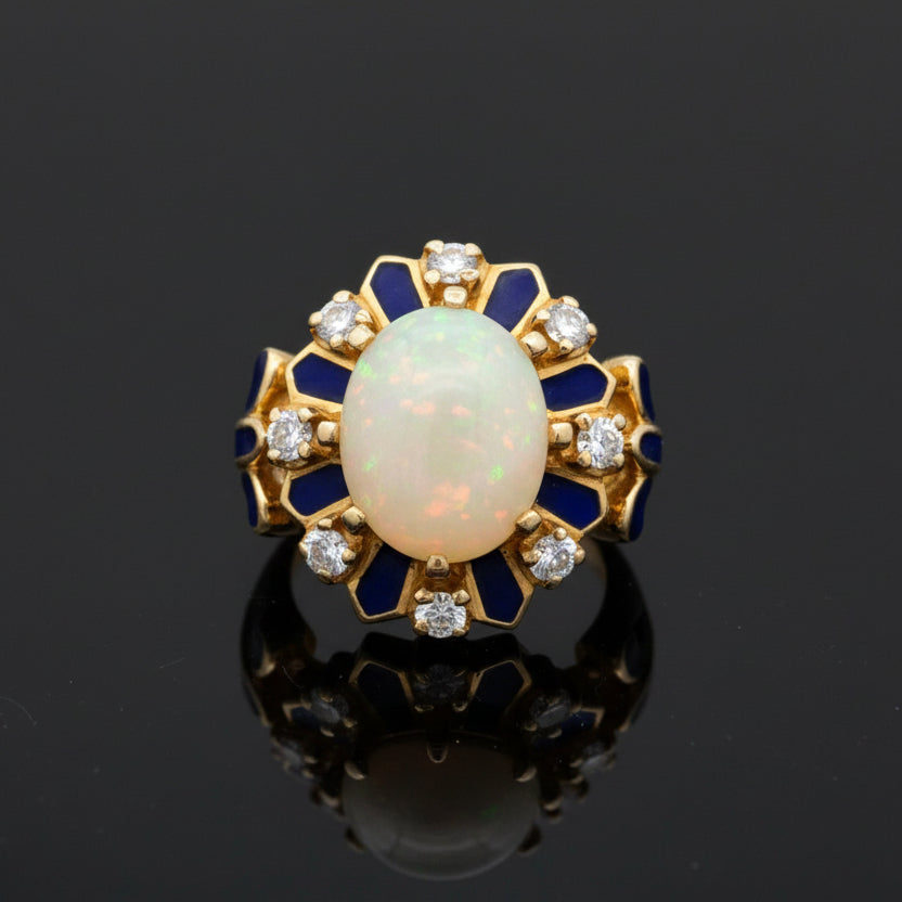 Estate Opal, Diamond and Blue Enamel 14K Yellow Gold Ring