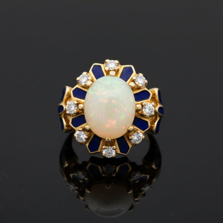 Estate Opal, Diamond and Blue Enamel 14K Yellow Gold Ring