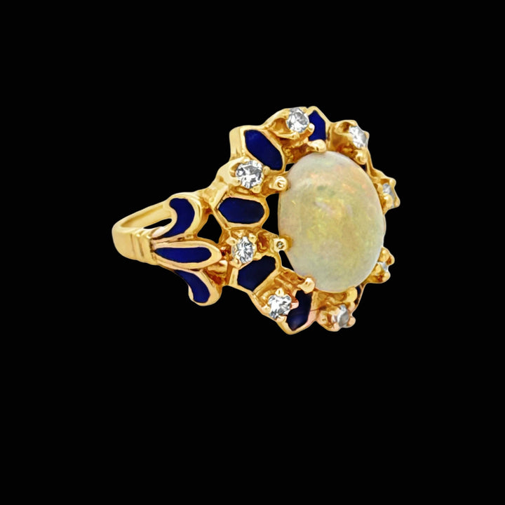 Estate Opal, Diamond and Blue Enamel 14K Yellow Gold Ring