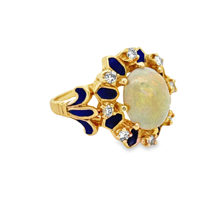 Estate Opal, Diamond and Blue Enamel 14K Yellow Gold Ring