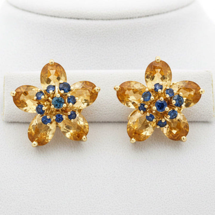 Italian Citrine, Sapphire Floral 18Kt Yellow Gold Earring