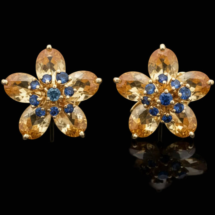 Italian Citrine, Sapphire Floral 18Kt Yellow Gold Earring