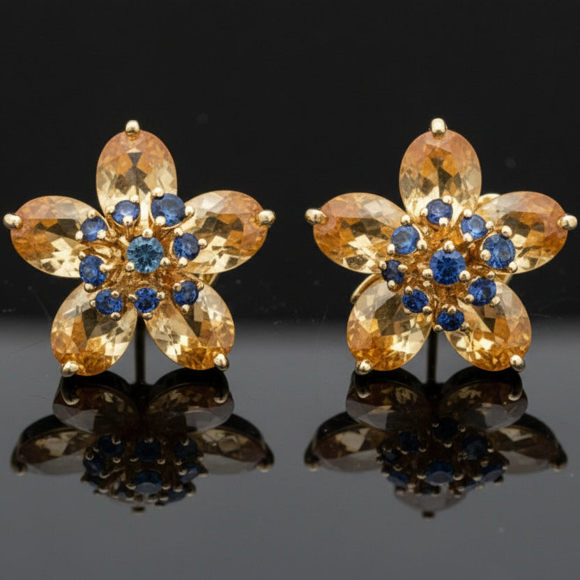 Italian Citrine, Sapphire Floral 18Kt Yellow Gold Earring