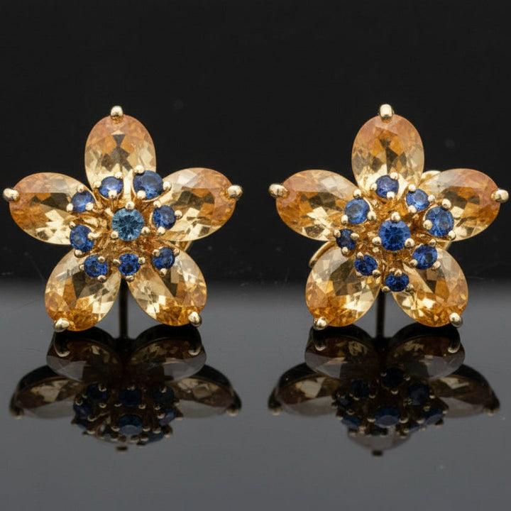 Italian Citrine, Sapphire Floral 18Kt Yellow Gold Earring