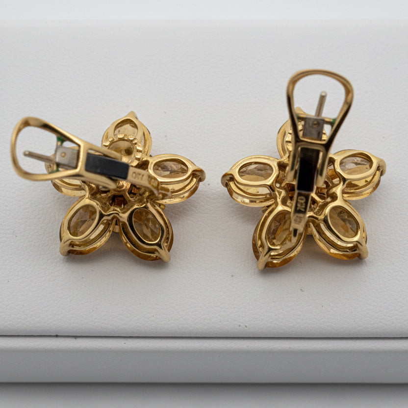 Italian Citrine, Sapphire Floral 18Kt Yellow Gold Earring