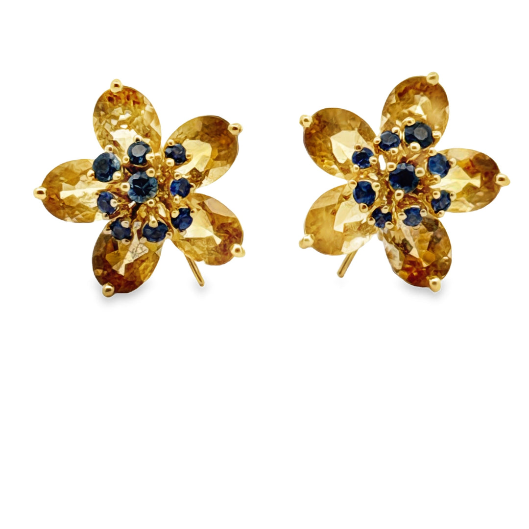 Italian Citrine, Sapphire Floral 18Kt Yellow Gold Earring