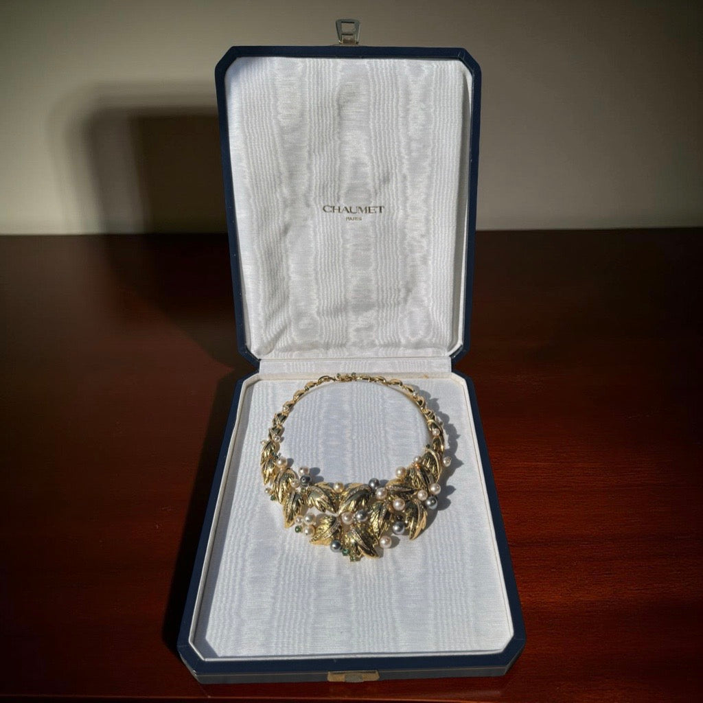 Estate Of Hollywood Actress Connie Stevens Chaumet Paris Diamond Pearl and Tourmaline 18K Yellow Gold Necklace