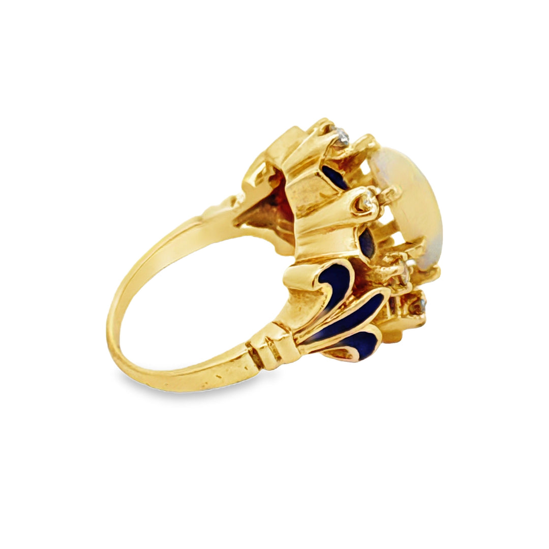 Estate Opal, Diamond and Blue Enamel 14K Yellow Gold Ring