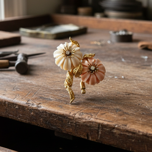Circa 1960's Italian Angel Skin Coral and Diamond 18kt. Yellow Gold Brooch