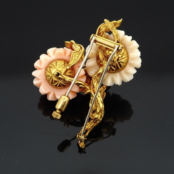 Circa 1960's Italian Angel Skin Coral and Diamond 18kt. Yellow Gold Brooch