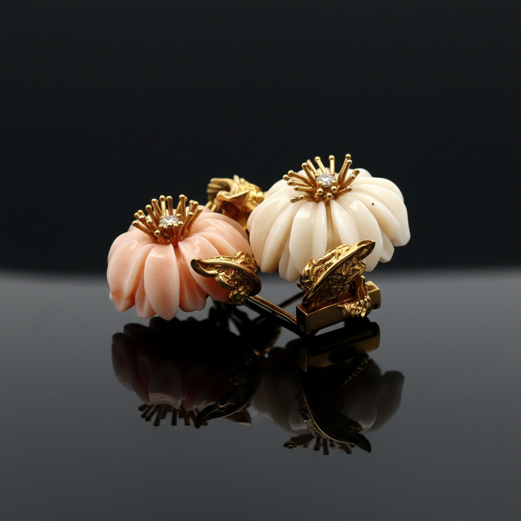 Circa 1960's Italian Angel Skin Coral and Diamond 18kt. Yellow Gold Brooch